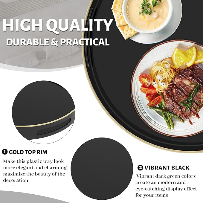 13" Black Decorative Tray, Plastic Round Serving Tray with Handles | Decorative Tray for Coffee Table, Modern Ottoman Tray, Circle Tea Tray, Round Melamine Tray for Living Room, Bathroom