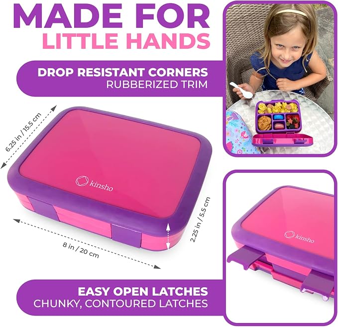 kinsho Bento Lunch Box Container for Kids, Girls Ages 3 to 5, Pink Purple | 5 Portion Sections, BPA-Free Spill-Proof Leakproof Removable Plastic Tray, Snacks and Lunches for Toddlers Pre-School Daycare