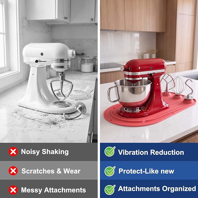Upgraded Mixer Slider Mat for KitchenAid 4.5-5 Qt Tilt-Head Stand Mixer | Silicone Countertop Mover with 3 Attachment Storage Slots, Non-Slip Mixer Pad Organizer for Dough Hook Whisk Flat Beater, Red