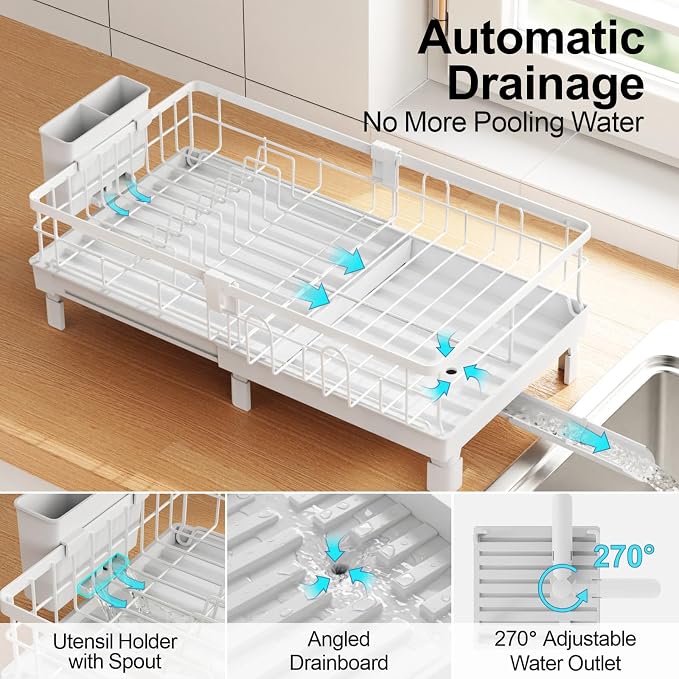 Expandable Dish Drying Rack - Compact with Drainboard, White | 12-20.5 in Adjustable Length, 360° Rotating Drain Spout, Cup & Utensil Holder, Rust-Resistant, Ideal for Small Kitchens & RVs