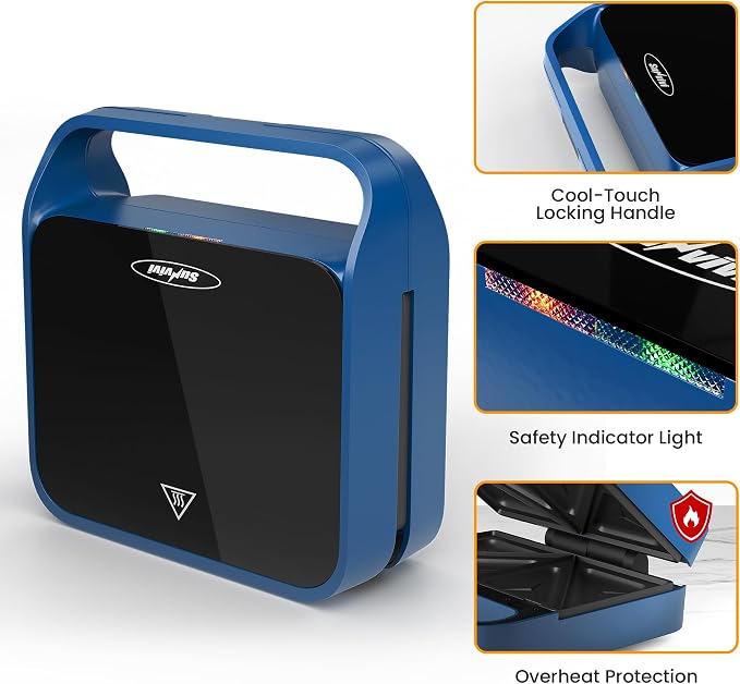 3 in 1 Electric Sandwich Maker with Removable Nonstick Plates - 850W,Blue | for Belgian Waffle/Panini/Grill/Pancake Griddle/Breakfast,Dishwasher Safe,Cool Touch Handle,Easy to Clean & Store
