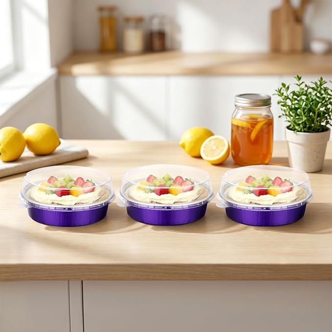 Beasea Mini Tart Pans with Lids, 120 Pack 7.3oz 4 Inch Disposable Cake Pans Aluminum Foil Pie Tart Baking Cups Tins Individual Dessert Containers Oven Dishes for Cheesecake - Violet Purple