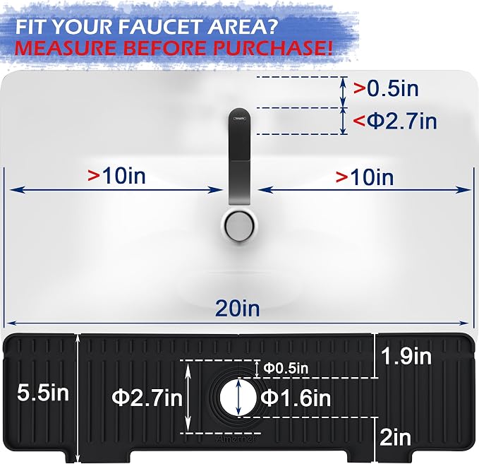 Kitchen Sink Splash Guard, 20 inch Silicone Faucet Guard & Draining Mat, 10° Large Slope Sink Faucet Mat Splash Guard, Bathroom Sink Organizer, Kitchen Sink Accessories Gadgets, 20 x 5.5”, Black