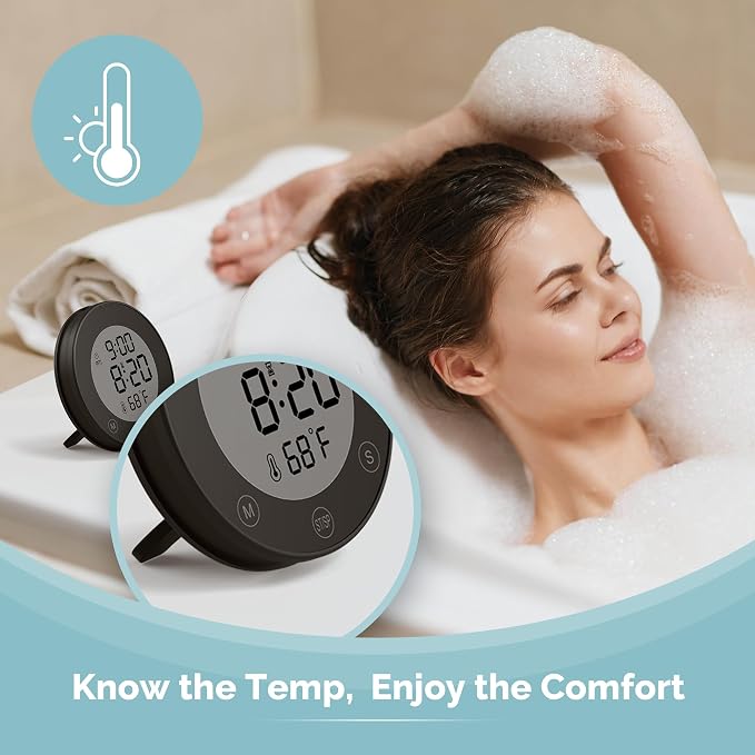 KADAMS Shower Clock Waterproof Bathroom Timer – Digital Wall Clock with Countdown, Magnetic Kitchen Clock with Temperature & Humidity, Suction Cup for Kids Shower Spa Cook Bath (Matte Black)