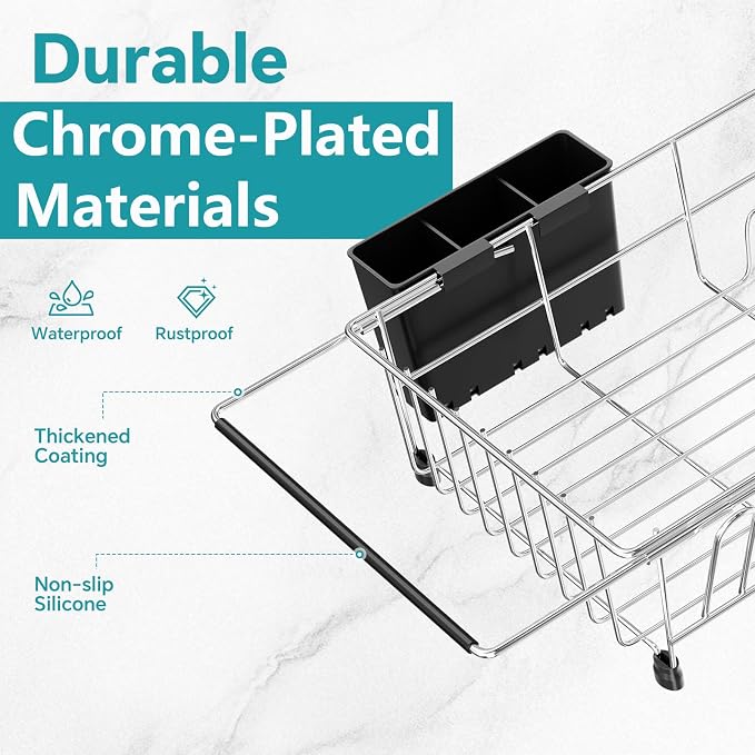 Simple Trending Adjustable Dish Drying Rack in Sink with Utensil Holder | Expandable Dish Rack, Dish Drainer Over Sink for Small Kitchen, Space Saving, Fast Drain, Non-Slip Feet, Fit Most Sink
