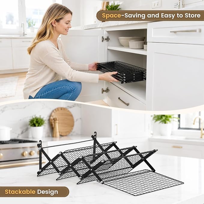 4 Tier Collapsible Cooling Rack for Baking Cookies Bread Barbecue | Include 50 Baking Papers, 4-Level Adjustable Height, 3 Setting Design, Stackable Roasting Rack, X-Shaped Structure