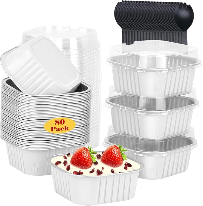 LNYZQUS 80 Pack 10oz Mini Cake Pans with Lids and Spoons for Bake Sales | Disposable, 4" Individual Baking Tins, Square Cinnamon Roll Containers, Small Aluminum Dessert Cups for Wedding, White