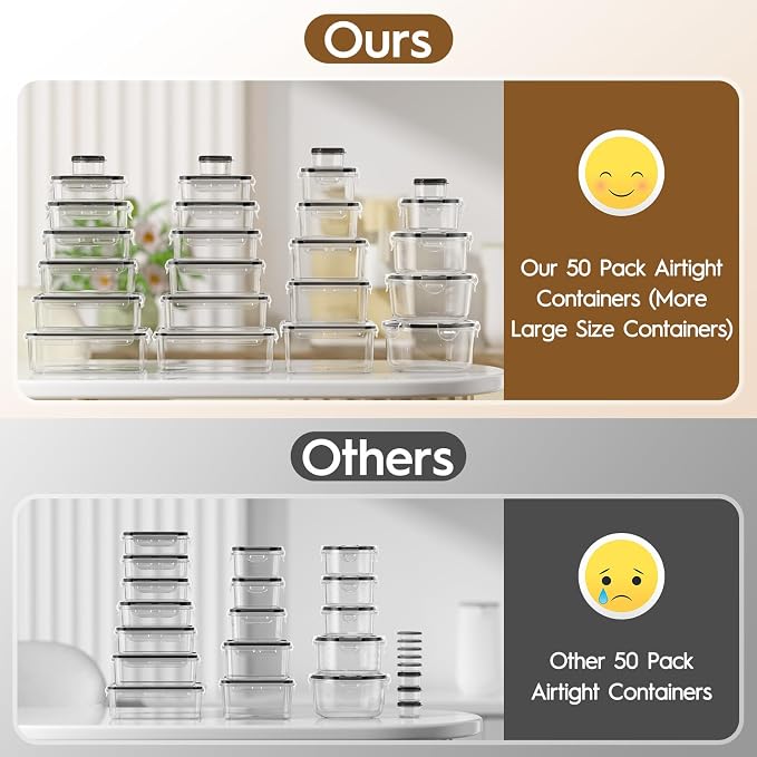 KEMETHY Large Capacity 50 PCS Food Storage Containers with Airtight Lids | 629fl oz, BPA-Free, PVC-free, Leak Proof, Meal Prep, Dishwasher Safe, Microwave Safe, Assorted Sizes, Stackable, Labels