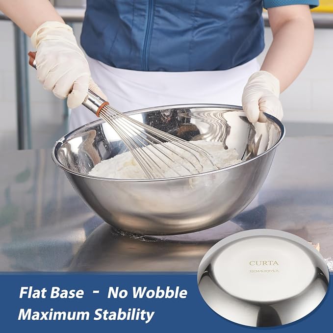 6 Piece Stainless Steel Mixing Bowls Set (0.6–10 QT) | Heavy-Duty Nesting Metal Bowls, 0.6, 1.7, 2.9, 4.9, 6, 10 QT, Flat Base, For Baking, Cooking, Salad Tossing & Meal Prep