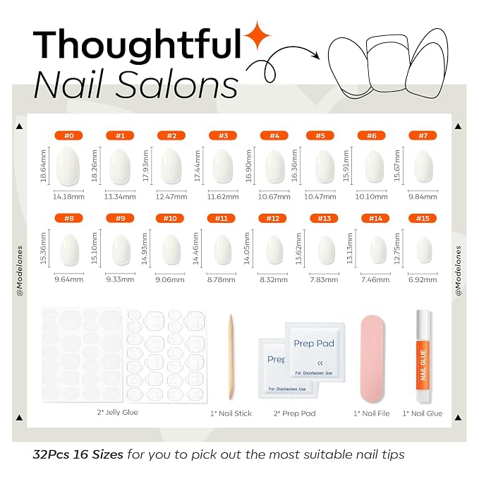 modelones Short Press on Nails, Oval Fake Nails Kit Nails Press Ons | with Glue, Adhesive Tabs, Nail File, Prep Pad, Manicure Stick, 32Pcs 16 Sizes, Milky White, Summer Women Girl Gift