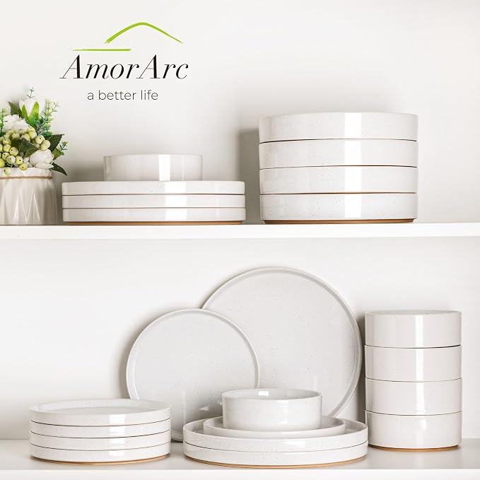 AmorArc Stoneware Dinnerware Sets for 8,24Pcs Plates and Bowls Set | Handmade Ceramic Dish Set,Dishwasher & Microwave Safe,Scratch Resistant-White