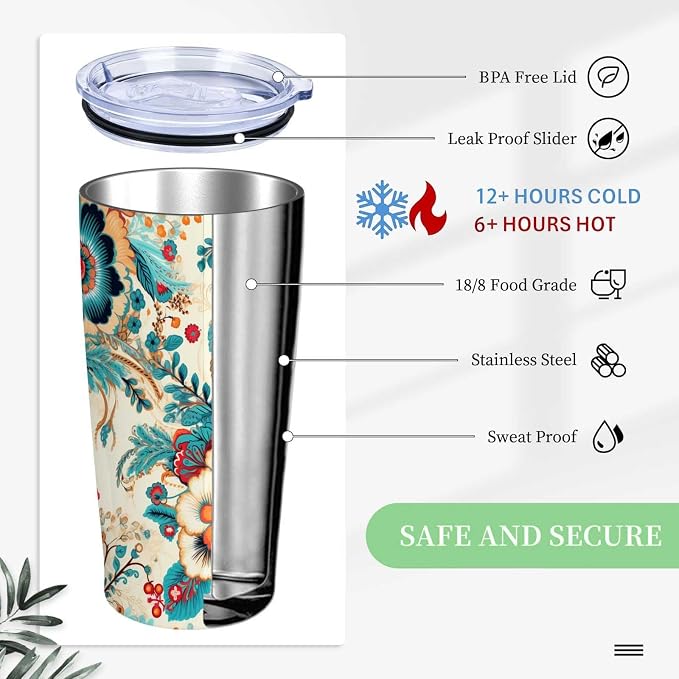 Floral Tumbler 20 oz | Stainless Steel Travel Mug with Lid | Insulated Flower Cup for Coffee, Tea and Iced Drinks | Birthday and Christmas Gifts for Women, Mom and Girlfriend
