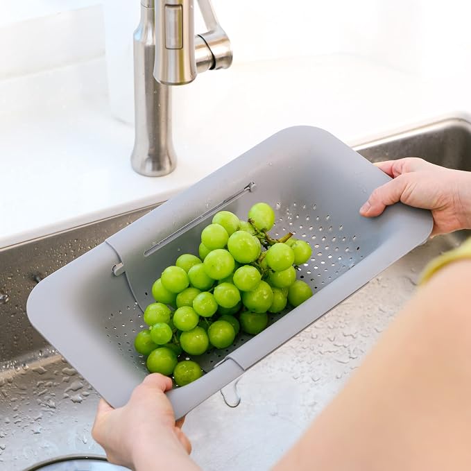 Blue Ginkgo Over Sink Colander, Extendable Kitchen Strainer, Grey | Fits Most Sinks. Rinse, Drain and Dry with Ease.