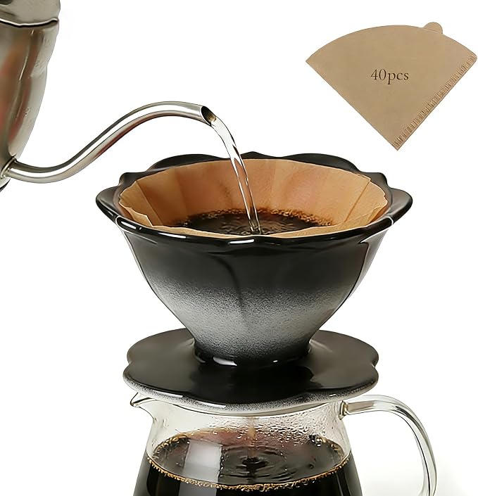Premium Ceramic Pour Over Coffee Dripper，Includes 40pcs Coffee Filter Papers, suitable for home and travel, Flower Petal Dripper（Gradient Black） (Gradient Black)