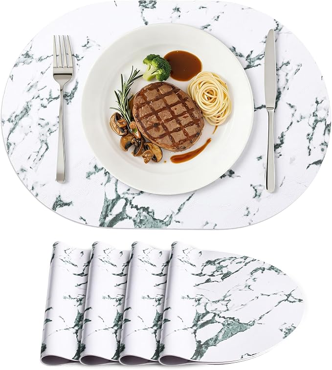 Placemats Set of 4, 11.8 x 17 Inch, Marble | Heat Resistant Oval Faux Leather Place Mats, Waterproof Wipeable Reversible PU Placemat, Indoor & Outdoor
