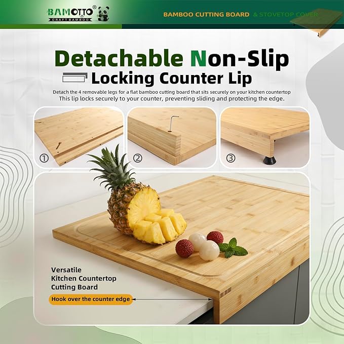 BAMOTTO CRAFTBAMBOO 24 x 18 Inch Extra Large Bamboo Cutting Board — Stovetop Cover, Over the Sink Board, Noodle Board, Butcher Block with Detachable Legs & Non-Slip Lip, Juice Groove