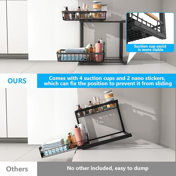 Merrylun Under Sink Organizers, 5 Adjustable Height,Metal Pull Out Under Sink Organizers and Storage Shelves with Sliding Drawer, Black 1pack（Hight 13.6″-16.9″）