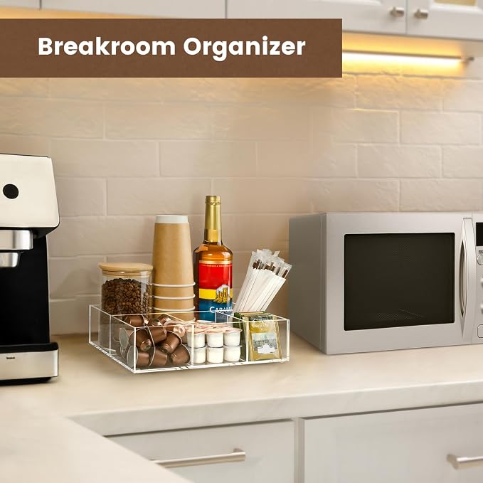 BEYGORM Acrylic Coffee Bar Station Organizer for Countertop | Office Breakroom Clear Snack Tea Storage Accessories Holder for Kcup Pod Condiment Cup Creamer Syrup, Gift for Coffee Lovers