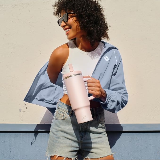 ENCOOL 40 oz Tumbler with Handle and Straw: Stainless Steel Insulated Tumbler Keeps Cold for 24 Hours, Leakproof Travel Cup Fits in Cup Holder and BPA-Free, Cotton Candy