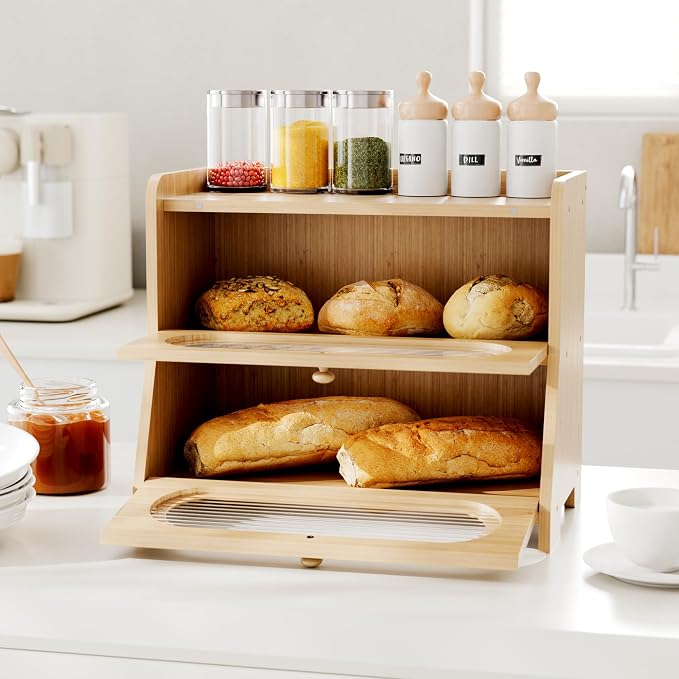 Bread Box,Extra Large 2-Tier Bamboo Bread Box for Kitchen Countertop,Bread Storage Container with Magnetic Acrylic Door for Homemade Bread,Under Cabinet,Pantry Organizer(Natural)