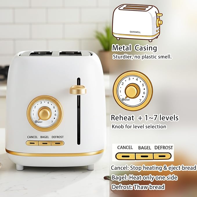 Retro 2-Slice Toaster, Stainless Steel, Matte White and Gold | Wide Slots, 7 Bread Shade Settings, Bagel, Cancel, and Defrost Functions, Removable Crumb Tray, Retro Kitchen Appliances