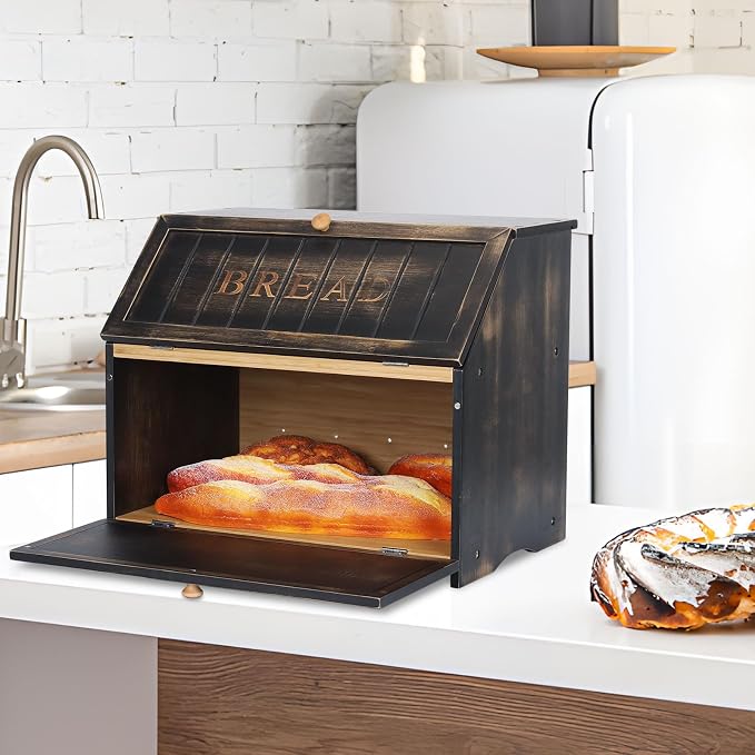 HOMEKOKO Vintage Double Layer Large Bread Box, Wood Bread Storage Bin,Black | Keeps Bread Fresh 3-4 Days, 2-Tier Capacity Fits 2+ Loaves,Suitable For Farmhouse/Rustic Kitchens Use, Retro Design