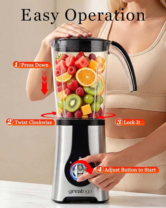 Power Smoothie Blender, Household Countertop Kitchen Blender and Food Processor Combo for Smoothies, Shakes, Drinks, Baby Food, Sauces, and Spreads. Come with Pitcher, Jar, Chopper, and Grinder