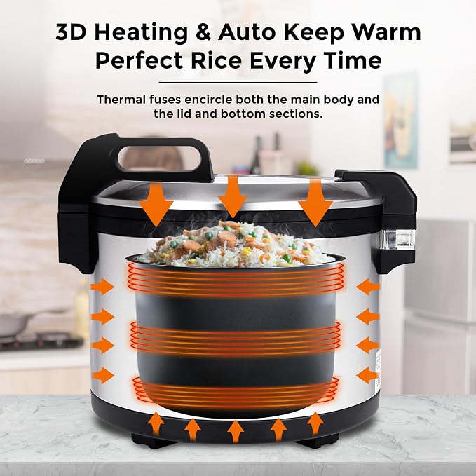 TK Commercial Rice Cooker 64 Cup - Large Capacity Nonstick Pot - Auto Warm | 32 uncooked cups ready in 45 min; 3D heating for evenly cooked rice; Stainless steel body; Swappable TK pot; Cup & scoop