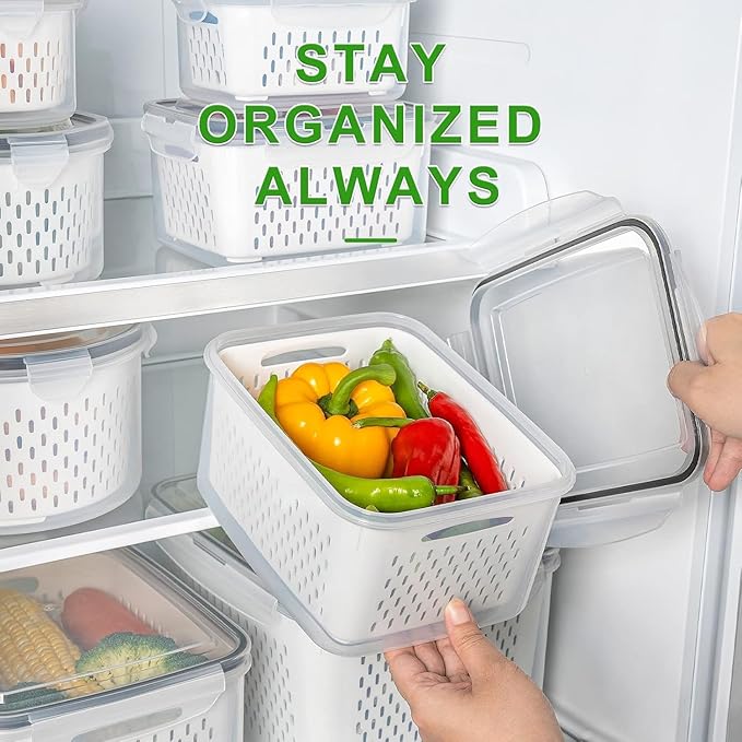 8 PCS Fruit Storage Containers for Fridge, Leakproof Produce Containers | For Fridge with Removable Colander, Microwave/Dishwasher Safe Fruit Washing Bowl Keep Fruits, Vegetables, Berry Fresh longer