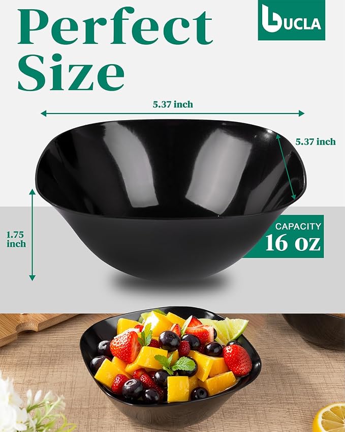 bUCLA 50 Pack Black Plastic Serving Bowls - 16oz Disposable Bowls for Dessert/Ice Cream/Salsa/Snack/Candy, Ideal for Party & Graduation