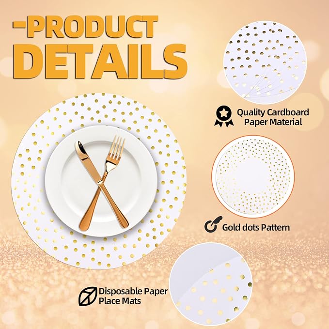 50 Pcs 14 Inch White and Gold Foil Paper Place Mats Golden Polka Dots Round Placemats Disposable Decorative Table Mats for Wedding Banquet Party Home Dining Table Decor