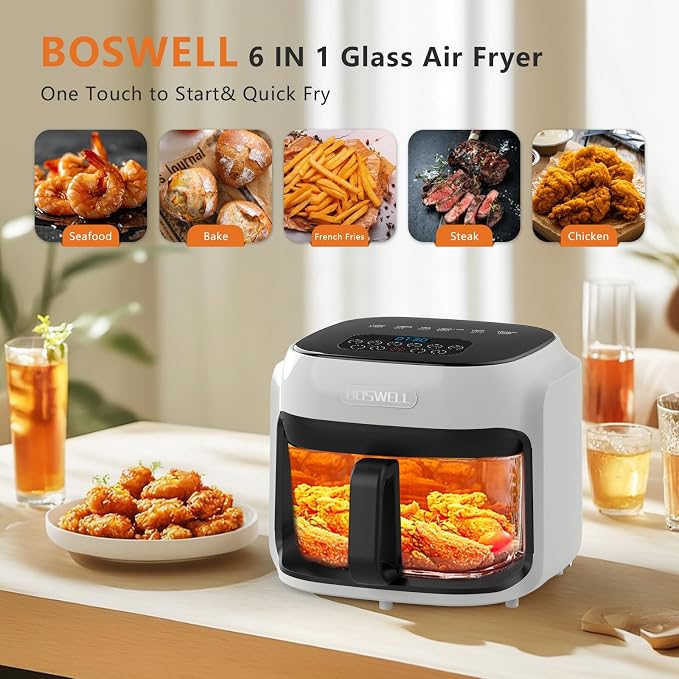 BOSWELL 7.5 QT Large Glass Air Fryer, 6-1 Preset Cook Modes | Transparent Fry Bowl, White, Circulating Heating & Temperature Control, Steak, Fries, Bake,Chicken, Dishwasher Safe