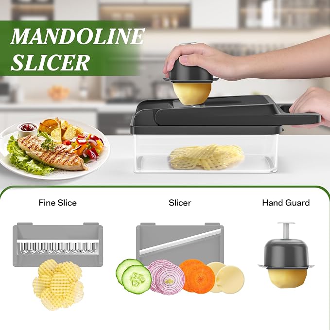 HomeHacks Veggie Chopper Vegetable Cutter, 12 in 1 Kitchen Gadget, Grey | Dicer, Slicer, Cutter, Slap Chop, Cheese Grater & Egg Separator - Multi-Functional Salad Fruit Onion Chopper with Container