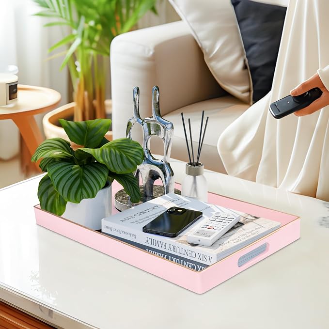 Pink Decorative Tray for Coffee Table, Serving Tray with Handles | Plastic Melamine Tray, Modern Ottoman Tray, Rectangular Countertop Organizer Tray for Living Room, 15.8"L x 10.2"W x 1.4"H