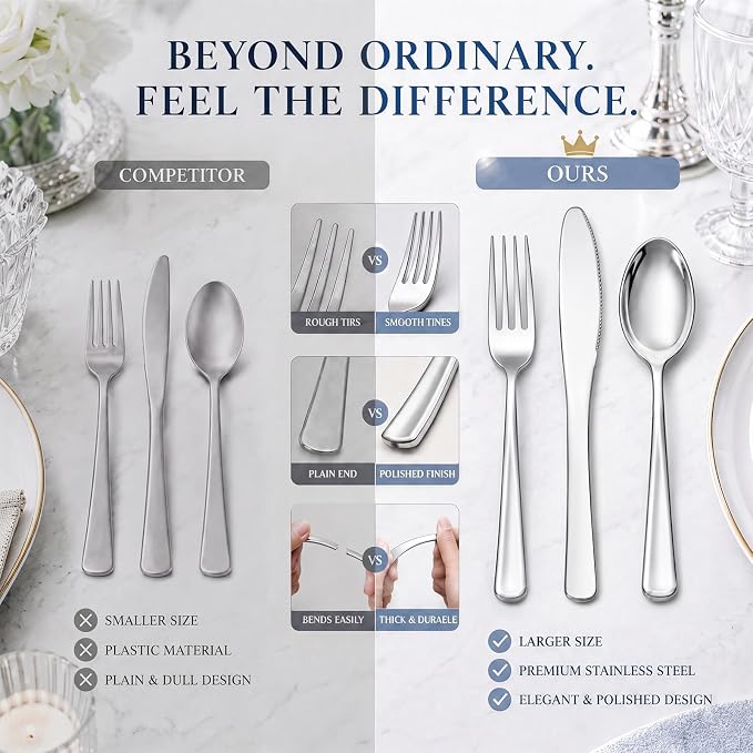 180 Pieces Silver Plastic Silverware - Silver Plastic Cutlery - Fancy Plastic Silverware Heavy Duty - 60 Forks 60 Knives 60 Spoons - Disposable Plastic Utensils Perfect for Party Wedding