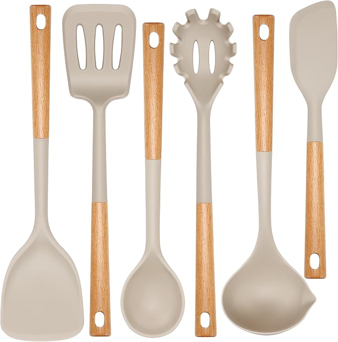 NCUE 6-Pcs Silicone Kitchen Utensils Set Wood Handle BPA-Free Food Grade (Khaki, 6 Piece)