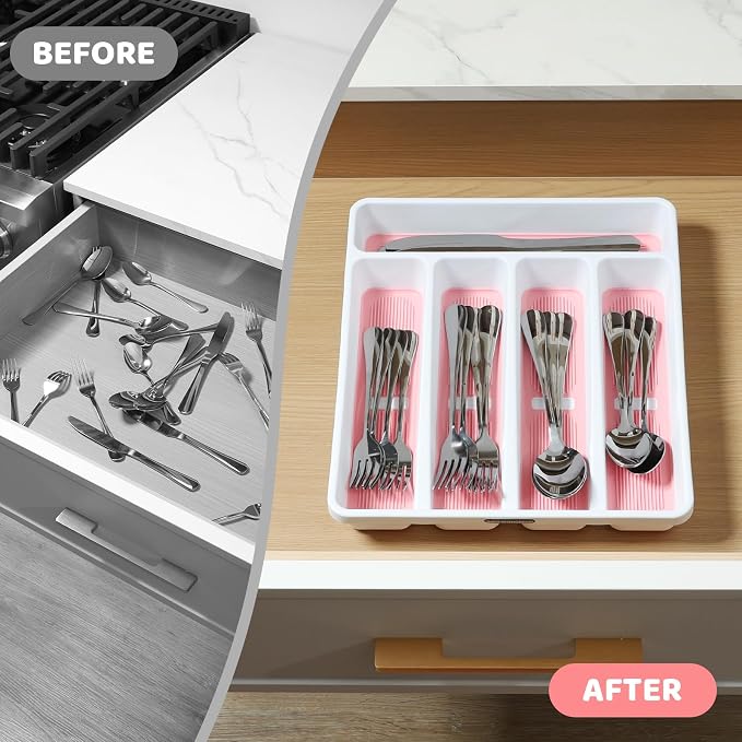 5-Compartment Silverware Organizer Tray with Icons for Kitchen Drawer | Non-slip TPR Linings，5-Compartment，High-quality Plastic，Fits Well In Standard Drawers，With Cutlery Icons
