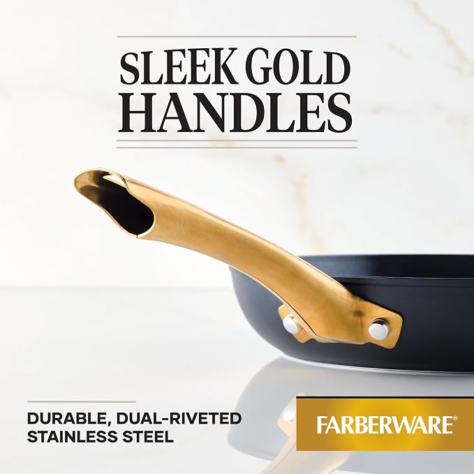 Farberware Forged Induction Ceramic Cookware Nonstick Frying Pan/Skillet, Dishwasher Safe, Suitable for All Stovetops, 10 Inch Fry Pan - Black and Gold