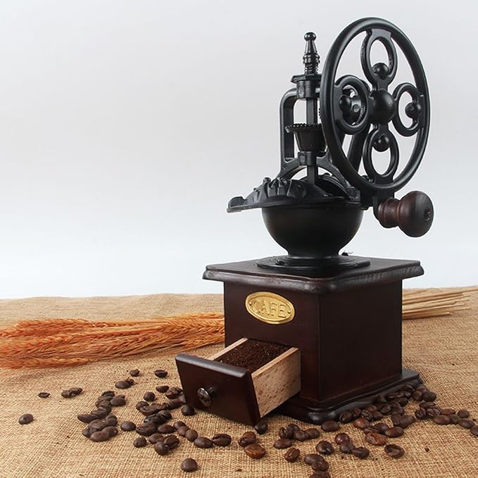 Burr Coffee Grinder, Vintage Style Wooden Hand Grinder | Hand Crank, Classic French Press Coffee Mill, Coffee Bean Grinder, Includes Brush