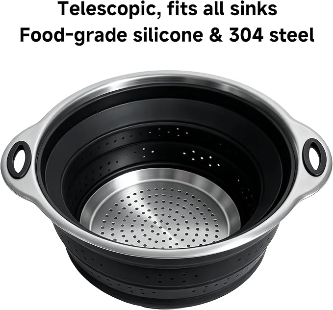 Mejoncb Collapsible Colander – Platinum Silicone Strainer with Stainless Steel Base, BPA-Free & Heat Resistant Kitchen Drain Basket (Black)