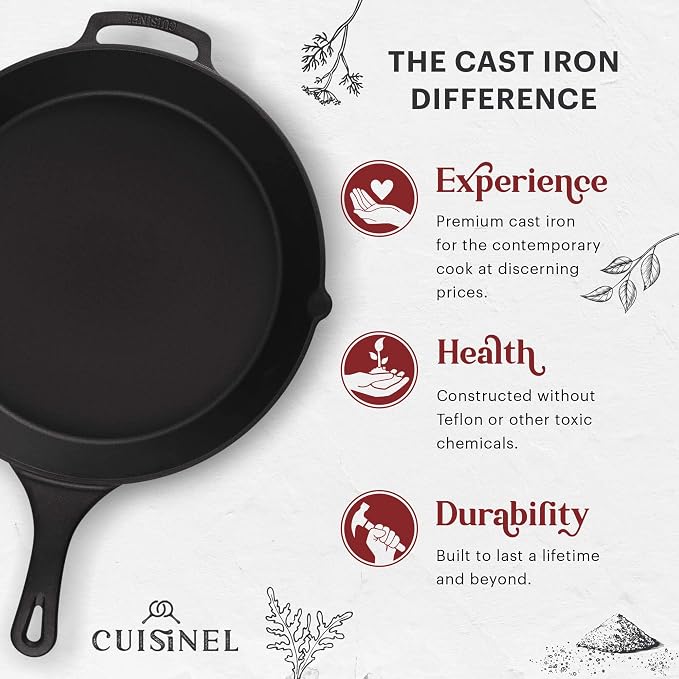 Cast Iron Skillet + Pan Scraper - 15"-Inch Pre-seasoned Frying Pan + Heat-Resistant Silicone Handle Grip - Oven-Safe Kitchen Cookware - Indoor/Outdoor Use - Camping, Grilling, BBQ, Open Fire Safe