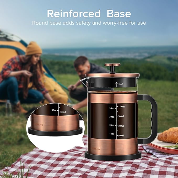 QUQIYSO French Press Coffee Maker 51oz, Large French Press, Thickened Glass | Borosilicate Glass Plastic Free Coffee Maker, Easy to Clean,4 Filter, Coffee Press Suitable for Kitchen Party Camping(Copper)