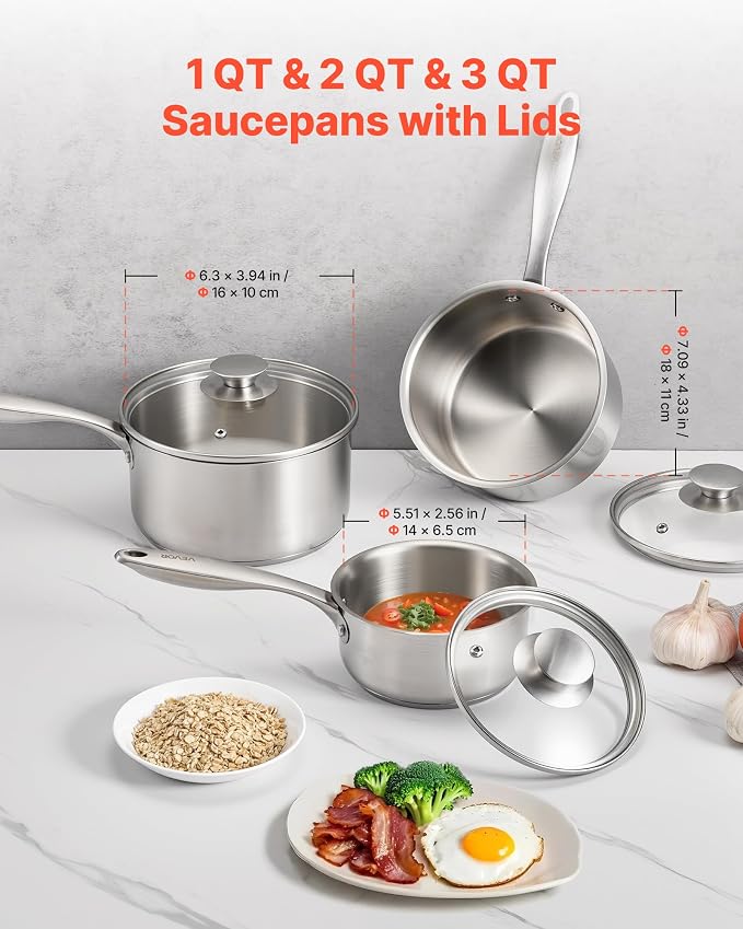 VEVOR Stainless Steel Saucepan Set, 1 QT & 2 QT & 3 QT Saucepans with Glass Lids, Multipurpose Nonstick Stainless Steel Sauce Pot with Ergonomic Handle, Friendly for Oven, Dishwasher, Induction Cooker