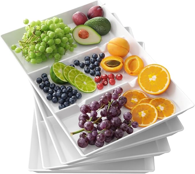 Lifewit Divided Serving Tray for Party, 4 Pack Plastic Food Serving Platter | 15" x 10" White Reusable Fruit and Veggie Tray, Catering Dishes for Dessert, Snacks, Entertaining, Holiday Hosting Essentials