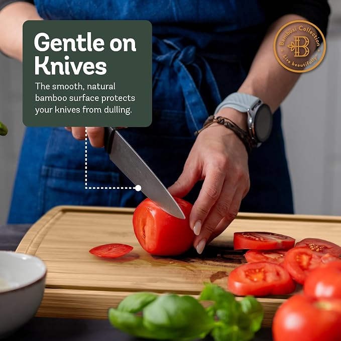 Bamboo Cutting Boards for Kitchen, Non Toxic Wooden Chopping Board Meat Set | Deep Juice Groove, Knife-Friendly, Reversible Butcher Block, Side Handles, Serving, Food Prep, Vegetable, Fruit, Meat, Cheese