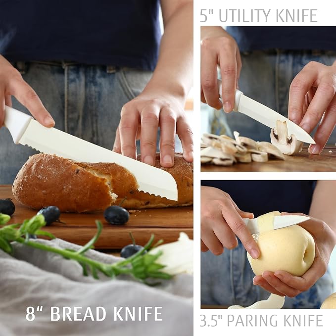 hecef 15Pcs Cream White Kitchen Knife Set, Built-in Sharpening Wooden Block | Dishwasher Safe, High Carbon Stainless Steel, Includes Steak Knives & Kitchen Scissors