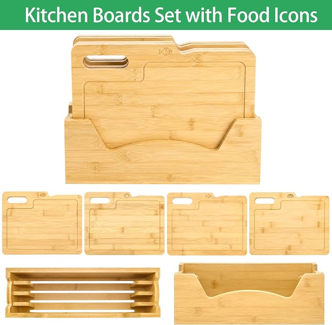 4 Pack 12.5"L x 9.8"W Bamboo Cutting Boards with Holder, Wood Cutting Board Set, Chopping Boards Set with Food Icons, Kitchen Cutting Board Ideal for Meat, Fish, Bread, Vegetable, Fruit