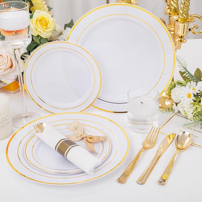 DaYammi 210PCS Gold Plastic Dinnerware Set Gold Plates Disposable Disposable Plates for Party Include: 30 Dinner Plates,30 Dessert Plates,30 Pre Rolled Napkins with Gold Silverware,30 Cups for Wedding