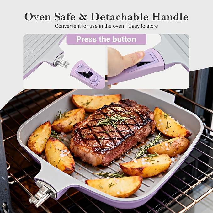 RANX INGST Nonstick Ceramic Griddle Pan with Lid, 10 Inch Steak Pan- Purple | Detachable Handle Induction Compatible