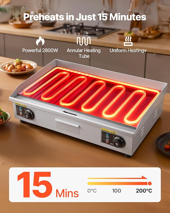 VEVOR Commercial Electric Griddle, 30" No Plug, Countertop Flat Top Griddle, Stainless Steel Teppanyaki Grill w/Iron Cooking Plate, 122-572℉ Adjustable Temp Control, 2 Shovels & Brushes